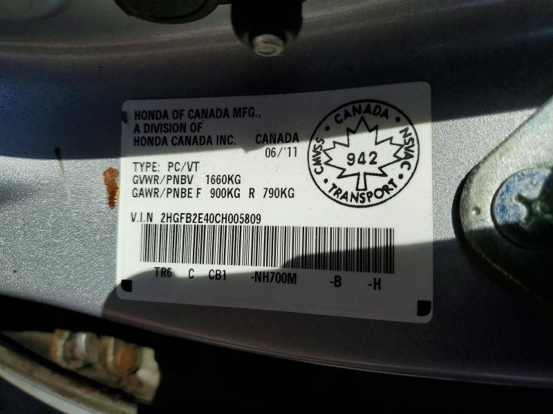 Продаж на аукціоні авто 2012 Honda Civic, vin: 2HGFB2E40CH005809, номер лоту: 55242476