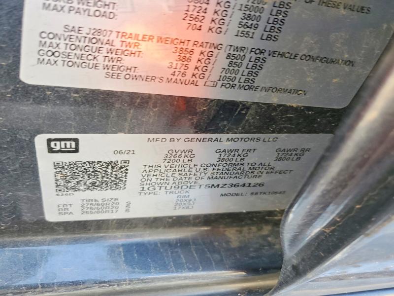 58675056 :رقم المزاد ، 1GTU9DET5MZ364126 vin ، 2021 Gmc Sierra مزاد بيع