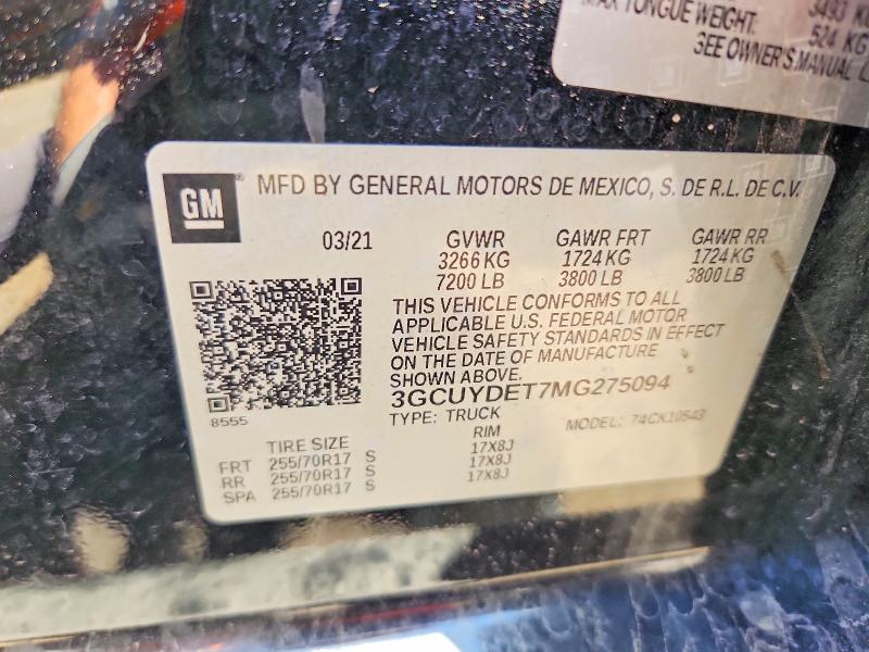 Продажа на аукционе авто 2021 Chevrolet Silverado, vin: 3GCUYDET7MG275094, номер лота: 59182946