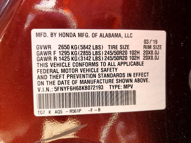 Aukcja sprzedaży 2019 Honda Pilot, vin: 5FNYF6H68KB072193, numer aukcji: 57191296