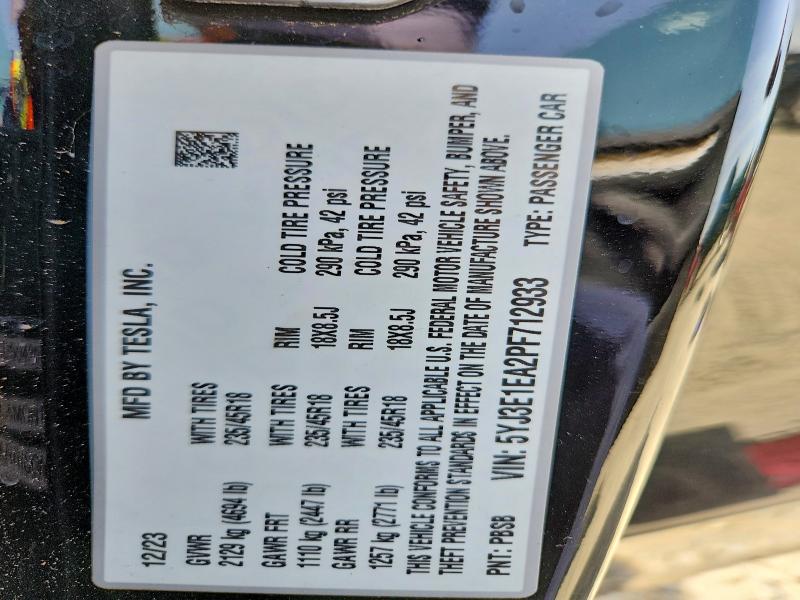 55450656 :رقم المزاد ، 5YJ3E1EA2PF712933 vin ، 2023 Tesla Model 3 مزاد بيع