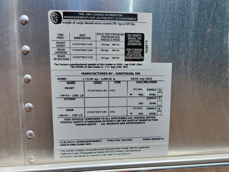 57056336 :رقم المزاد ، 1STK9AG25PJ568875 vin ، 2023 Airstream Travel Tra مزاد بيع