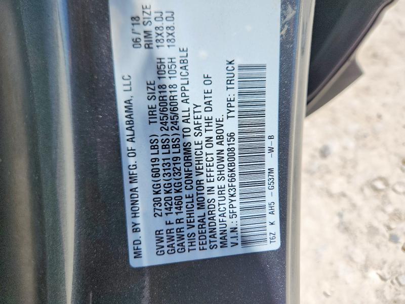 2019 Honda Ridgeline მანქანა იყიდება აუქციონზე, vin: 5FPYK3F66KB008156, აუქციონის ნომერი: 55201656