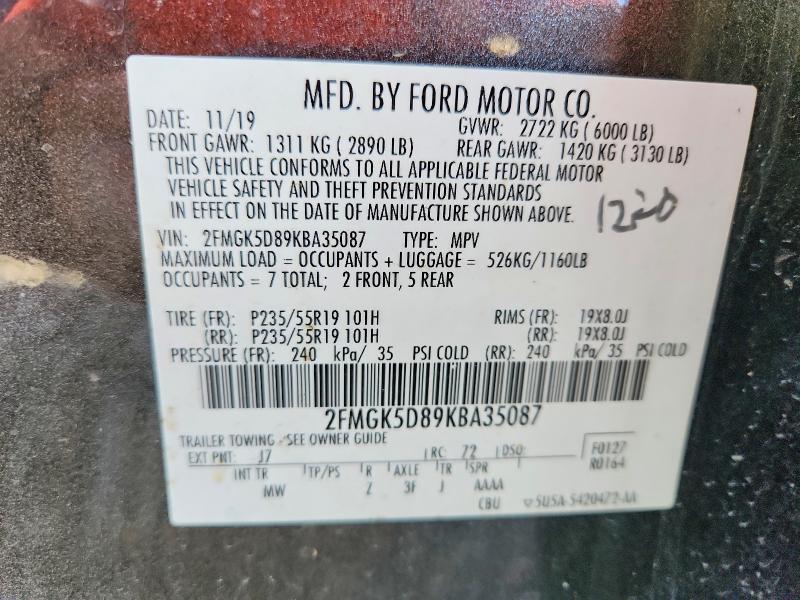2019 Ford Flex მანქანა იყიდება აუქციონზე, vin: 2FMGK5D89KBA35087, აუქციონის ნომერი: 55280196