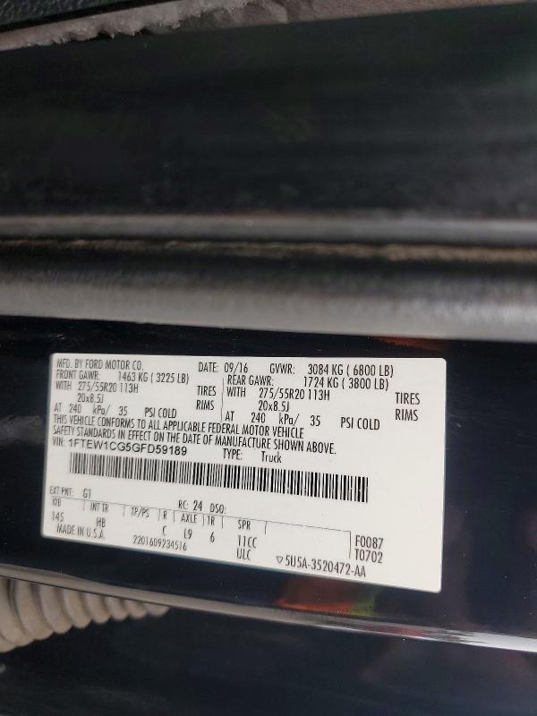 2016 Ford F150 მანქანა იყიდება აუქციონზე, vin: 1FTEW1CG5GFD59189, აუქციონის ნომერი: 57417946