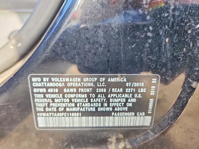 2015 Volkswagen Passat მანქანა იყიდება აუქციონზე, vin: 1VWAT7A38FC116581, აუქციონის ნომერი: 57717346