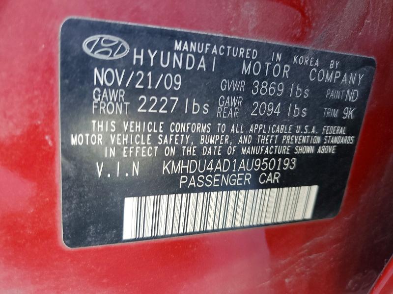 2010 Hyundai Elantra მანქანა იყიდება აუქციონზე, vin: KMHDU4AD1AU950193, აუქციონის ნომერი: 55956516