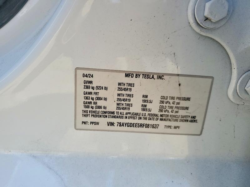 2024 Tesla Model Y მანქანა იყიდება აუქციონზე, vin: 7SAYGDEE5RF081637, აუქციონის ნომერი: 58641986