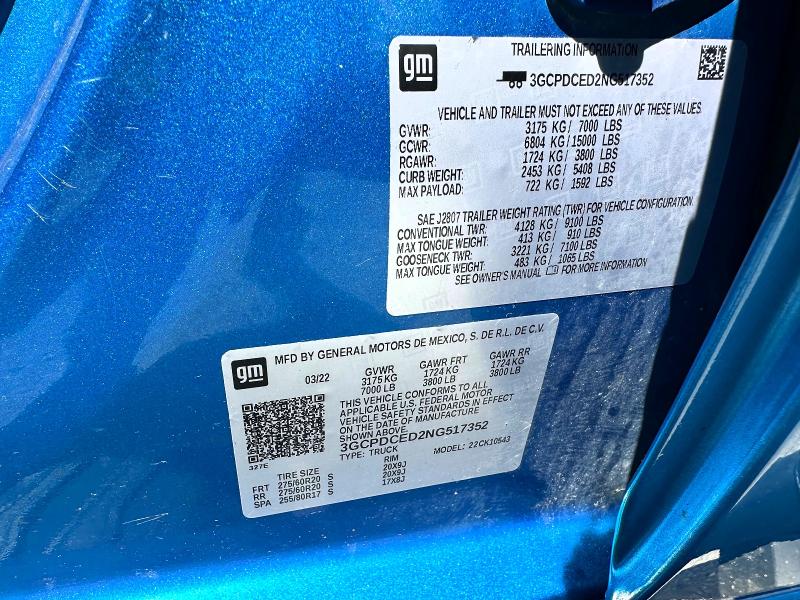 55092876 :رقم المزاد ، 3GCPDCED2NG517352 vin ، 2022 Chevrolet Silverado مزاد بيع