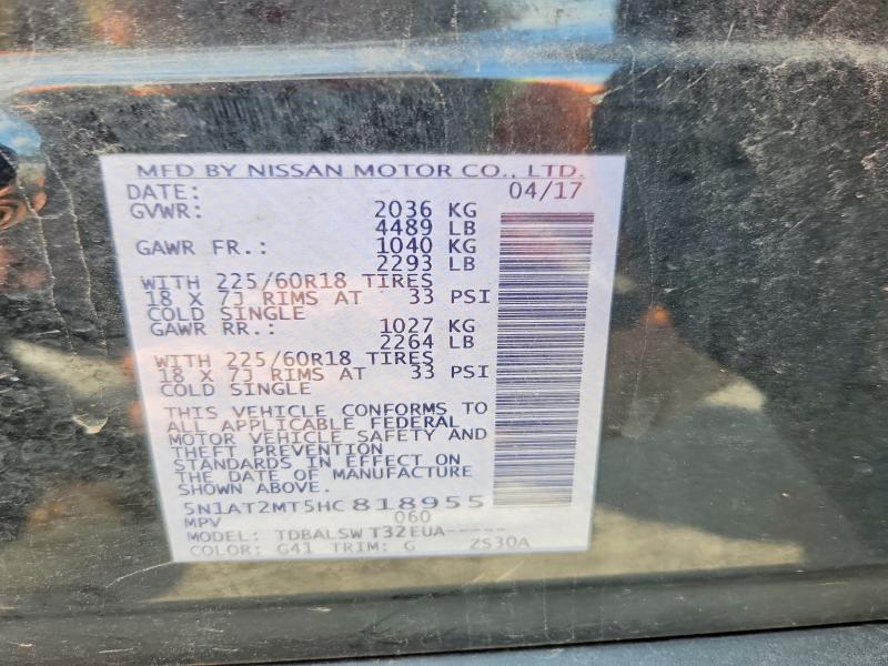2017 Nissan Rogue მანქანა იყიდება აუქციონზე, vin: 5N1AT2MT5HC818955, აუქციონის ნომერი: 55561856