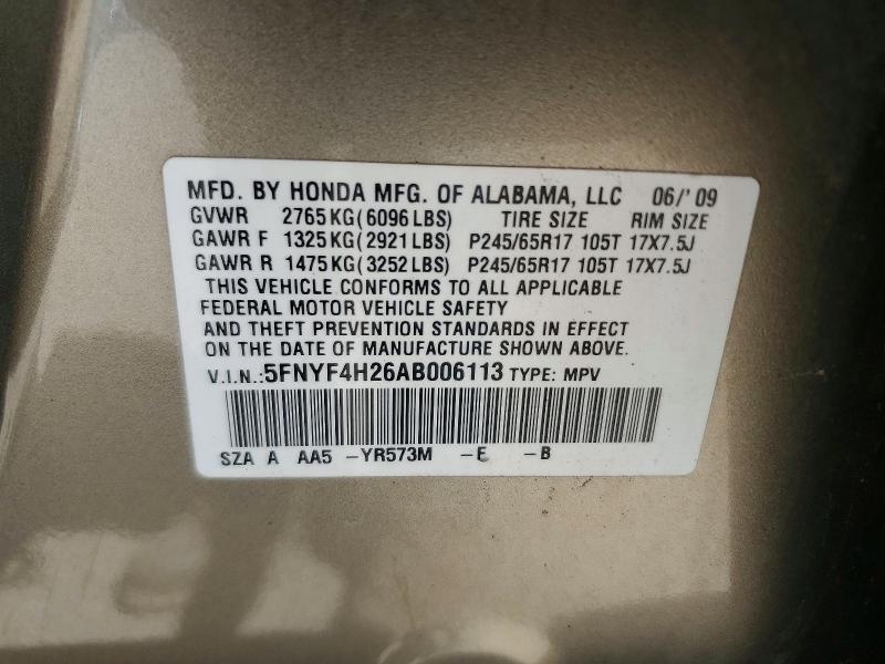 2010 Honda Pilot მანქანა იყიდება აუქციონზე, vin: 5FNYF4H26AB006113, აუქციონის ნომერი: 56085566