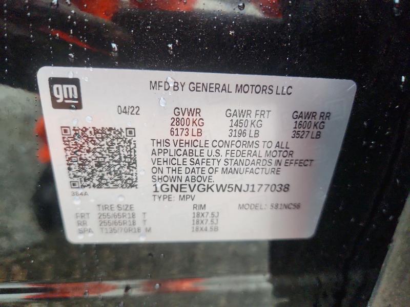 2022 Chevrolet Traverse მანქანა იყიდება აუქციონზე, vin: 1GNEVGKW5NJ177038, აუქციონის ნომერი: 57544286