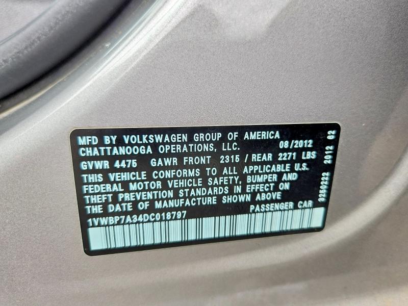 Aukcja sprzedaży 2013 Volkswagen Passat, vin: 1VWBP7A34DC018797, numer aukcji: 59358356