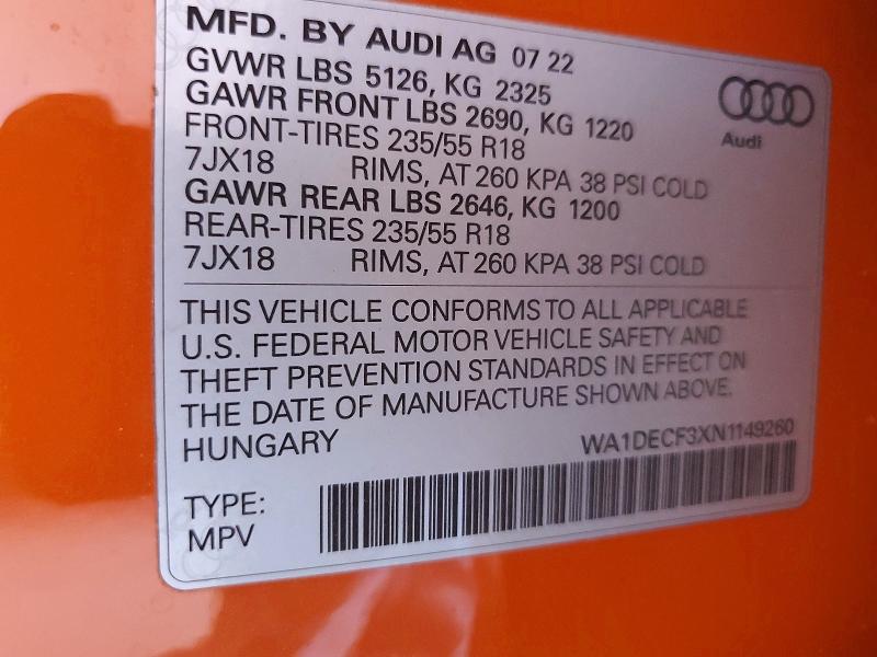 Продаж на аукціоні авто 2022 Audi Q3, vin: WA1DECF3XN1149260, номер лоту: 56963256