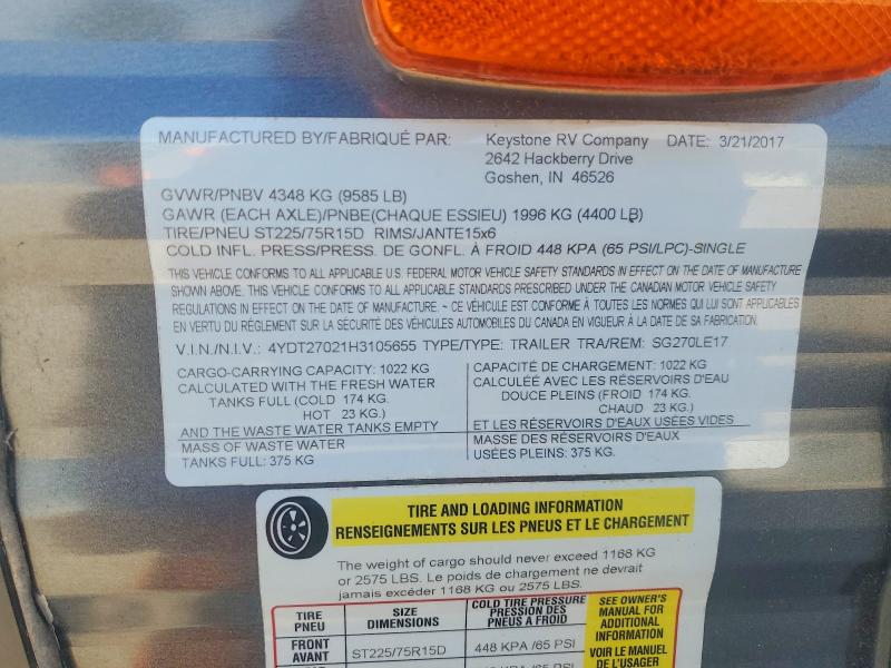 Продажа на аукционе авто 2017 Keystone Springdale 270 Le, vin: 4YDT27021H3105655, номер лота: 55653946