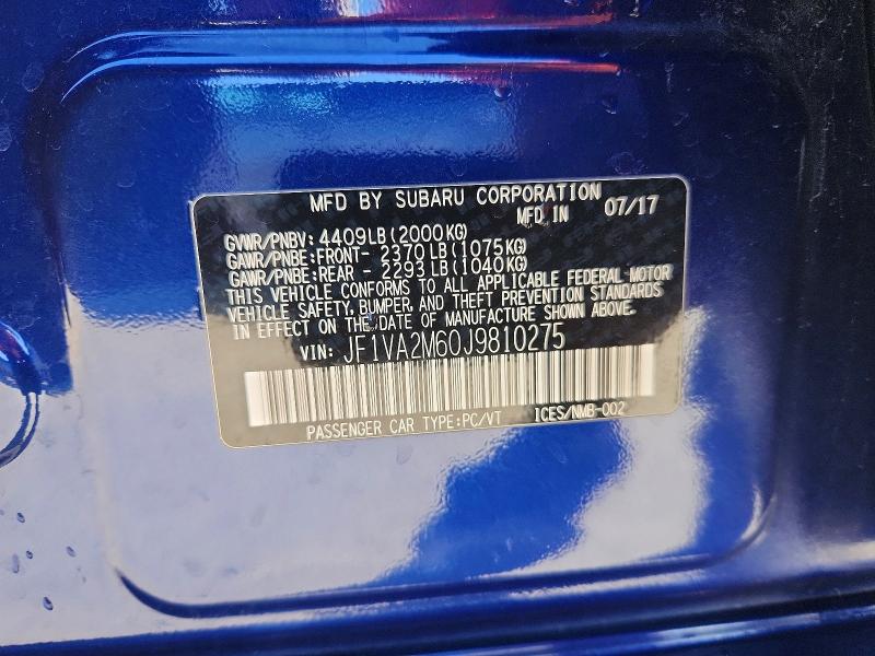 2018 Subaru Wrx მანქანა იყიდება აუქციონზე, vin: JF1VA2M60J9810275, აუქციონის ნომერი: 57709336