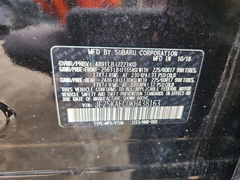 Продаж на аукціоні авто 2019 Subaru Forester, vin: JF2SKAEC0KH438163, номер лоту: 54599156