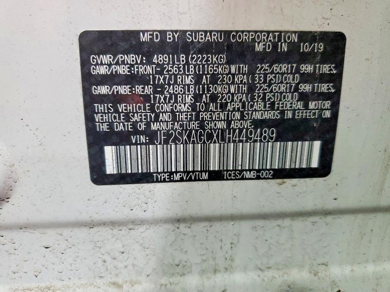 2020 Subaru Forester მანქანა იყიდება აუქციონზე, vin: JF2SKAGCXLH449489, აუქციონის ნომერი: 58448726