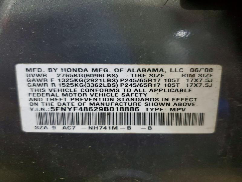 2009 Honda Pilot მანქანა იყიდება აუქციონზე, vin: 5FNYF48629B018886, აუქციონის ნომერი: 57189166