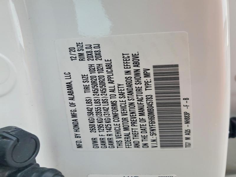 2021 Honda Pilot მანქანა იყიდება აუქციონზე, vin: 5FNYF6H60MB045783, აუქციონის ნომერი: 56155256