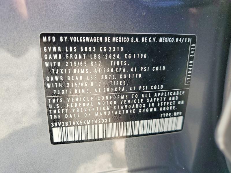 57786926 :رقم المزاد ، 3VV2B7AX5KM142031 vin ، 2019 Volkswagen Tiguan مزاد بيع