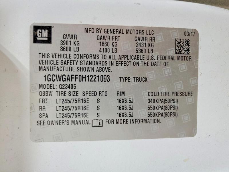 Продаж на аукціоні авто 2017 Chevrolet Express G2500, vin: 1GCWGAFF0H1221093, номер лоту: 56313536