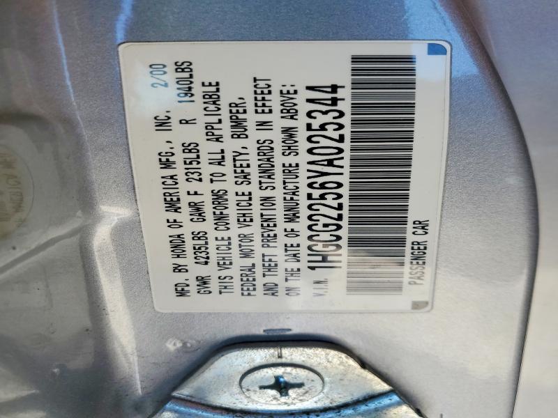 59010556 :رقم المزاد ، 1HGCG2256YA025344 vin ، 2000 Honda Accord مزاد بيع
