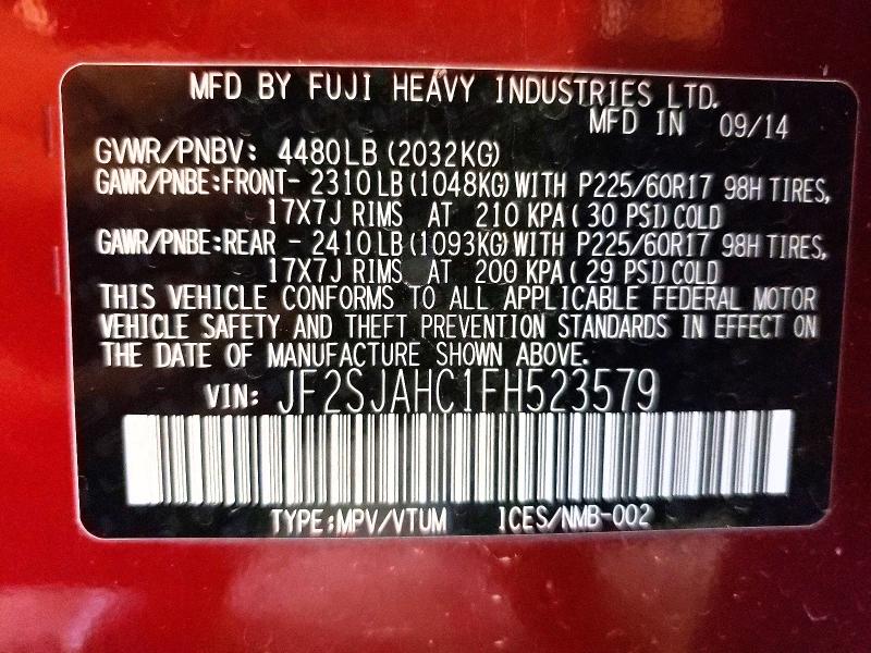 58845486 :رقم المزاد ، JF2SJAHC1FH523579 vin ، 2015 Subaru Forester مزاد بيع