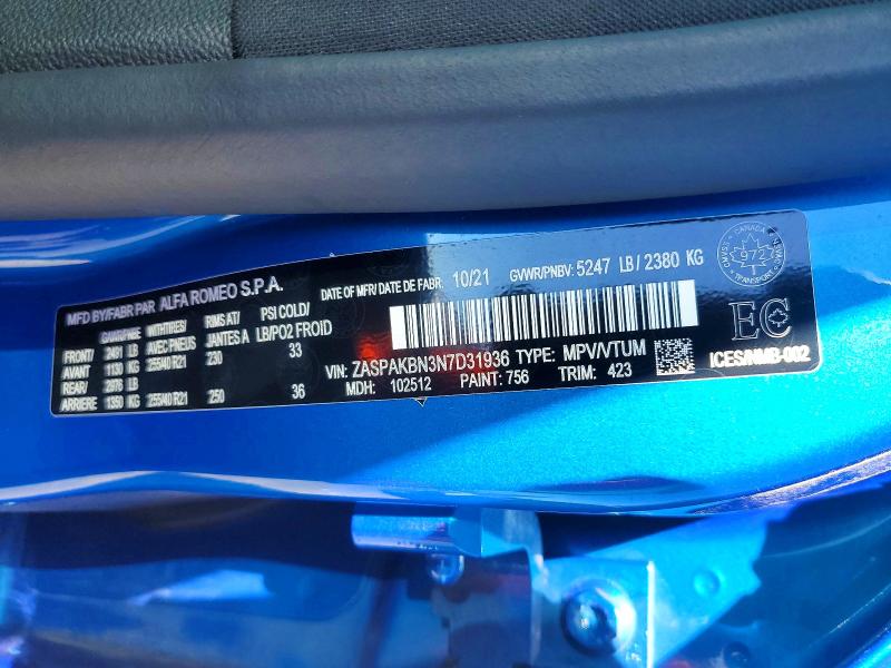 2022 Alfa Romeo Stelvio მანქანა იყიდება აუქციონზე, vin: ZASPAKBN3N7D31936, აუქციონის ნომერი: 57536556