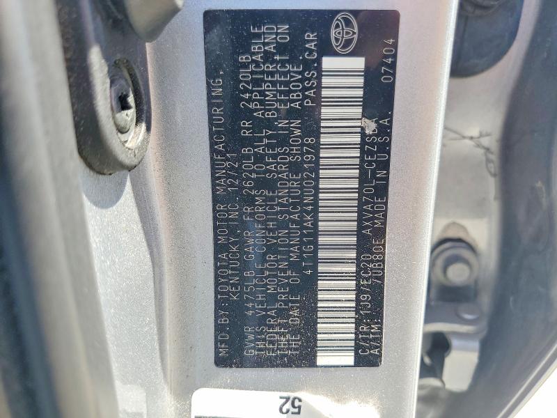 2022 Toyota Camry მანქანა იყიდება აუქციონზე, vin: 4T1G11AK4NU021978, აუქციონის ნომერი: 56123886