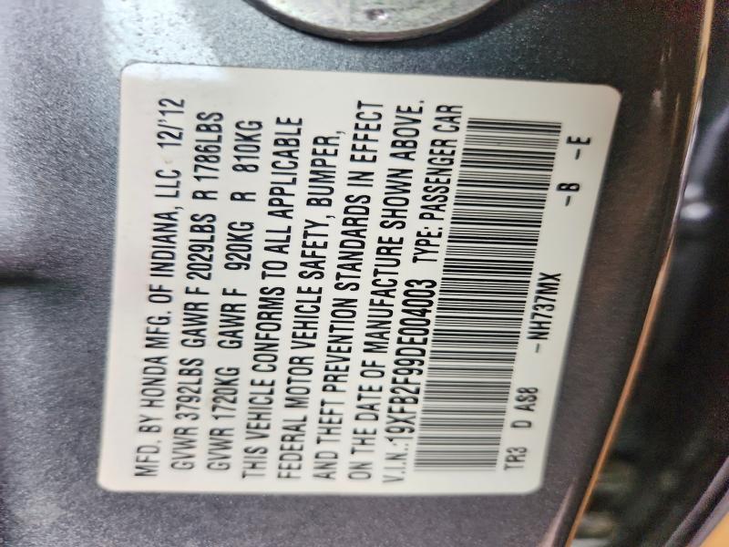 58064766 :رقم المزاد ، 19XFB2F99DE004003 vin ، 2013 Honda Civic مزاد بيع