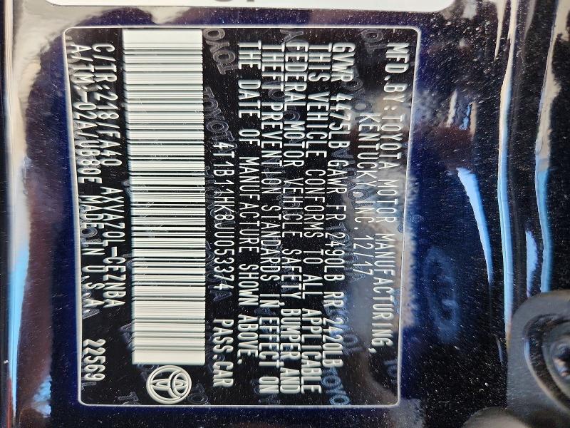 2018 Toyota Camry მანქანა იყიდება აუქციონზე, vin: 4T1B11HK8JU053374, აუქციონის ნომერი: 57919956