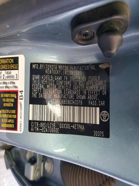 57536606 :رقم المزاد ، 4T1BK36B59U343319 vin ، 2009 Toyota Avalon مزاد بيع