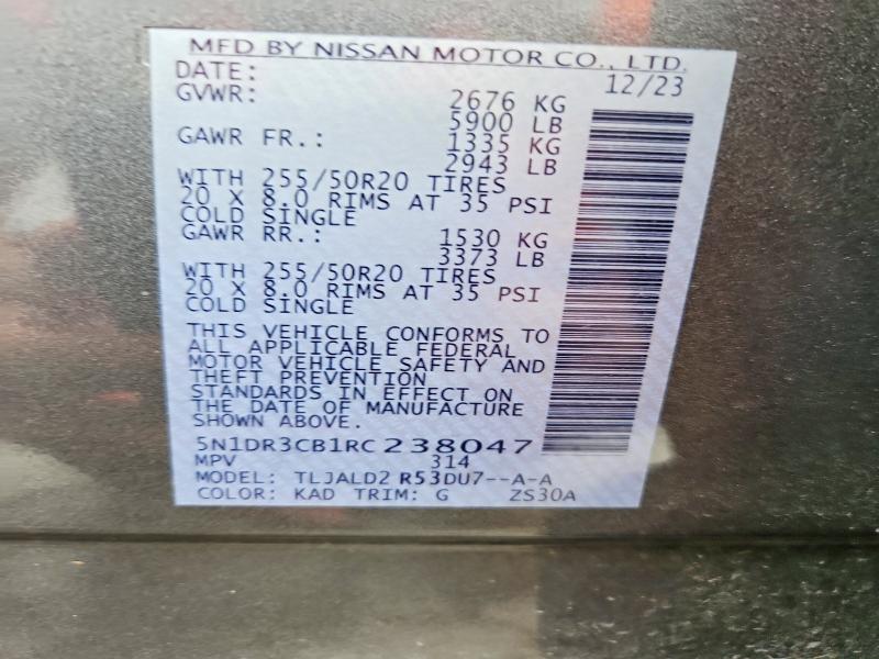 56654636 :رقم المزاد ، 5N1DR3CB1RC238047 vin ، 2024 Nissan Pathfinder مزاد بيع