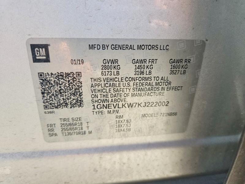 2019 Chevrolet Traverse მანქანა იყიდება აუქციონზე, vin: 1GNEVLKW7KJ222002, აუქციონის ნომერი: 58733816