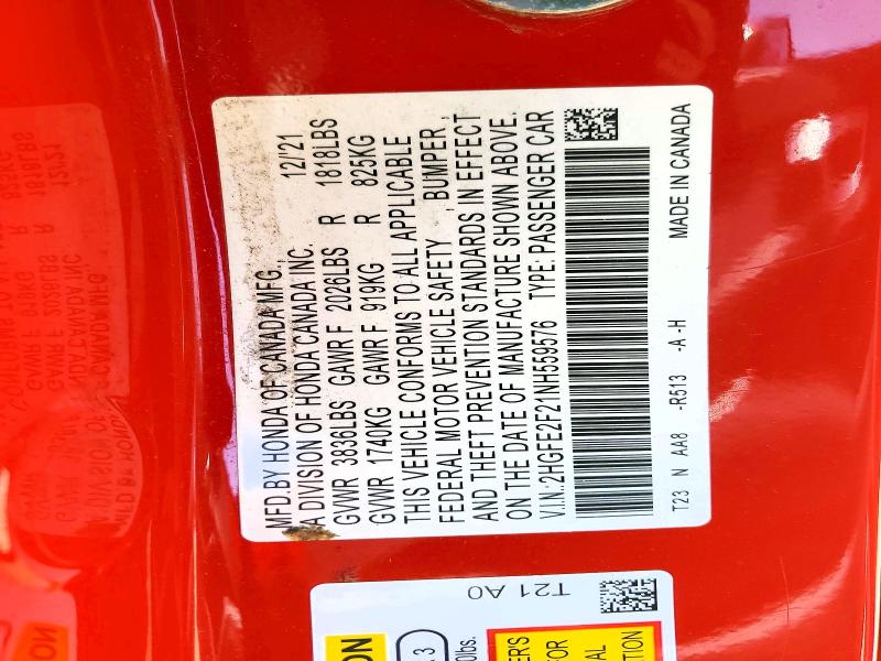 2022 Honda Civic მანქანა იყიდება აუქციონზე, vin: 2HGFE2F21NH559576, აუქციონის ნომერი: 85608685