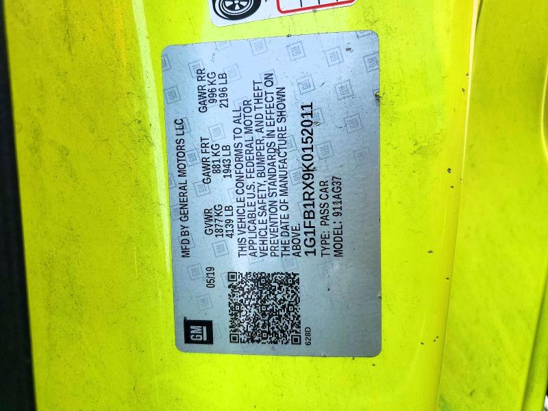 2019 Chevrolet Camaro მანქანა იყიდება აუქციონზე, vin: 1G1FB1RX9K0152011, აუქციონის ნომერი: 58402856