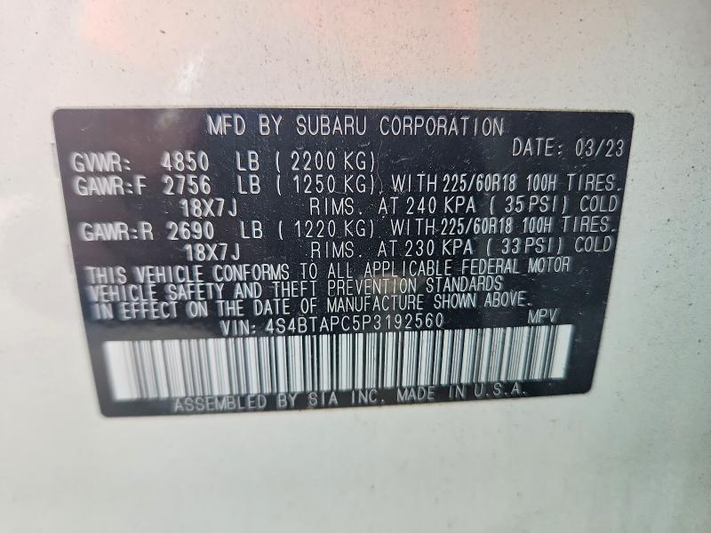 Продажа на аукционе авто 2023 Subaru Outback, vin: 4S4BTAPC5P3192560, номер лота: 57516256