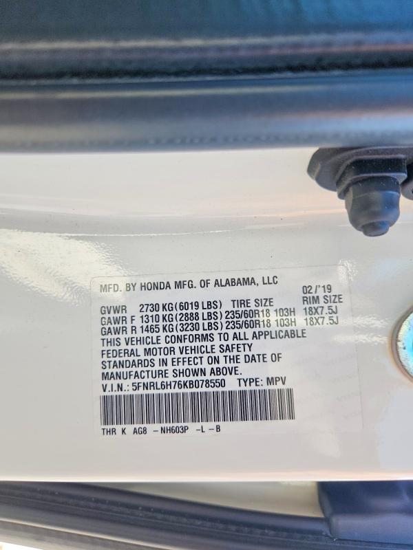 Продаж на аукціоні авто 2019 Honda Odyssey, vin: 5FNRL6H76KB078550, номер лоту: 58792576
