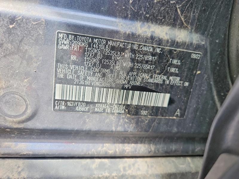 Продаж на аукціоні авто 2022 Toyota Rav4, vin: 2T3G1RFV0NC308616, номер лоту: 56781926