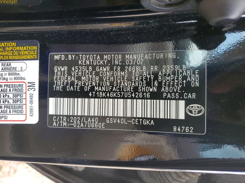 Продаж на аукціоні авто 2007 Toyota Camry, vin: 4T1BK46K57U542616, номер лоту: 56169836