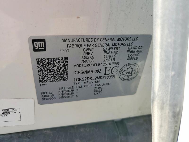 2021 Gmc Yukon მანქანა იყიდება აუქციონზე, vin: 1GKS2DKL2MR360085, აუქციონის ნომერი: 56531996