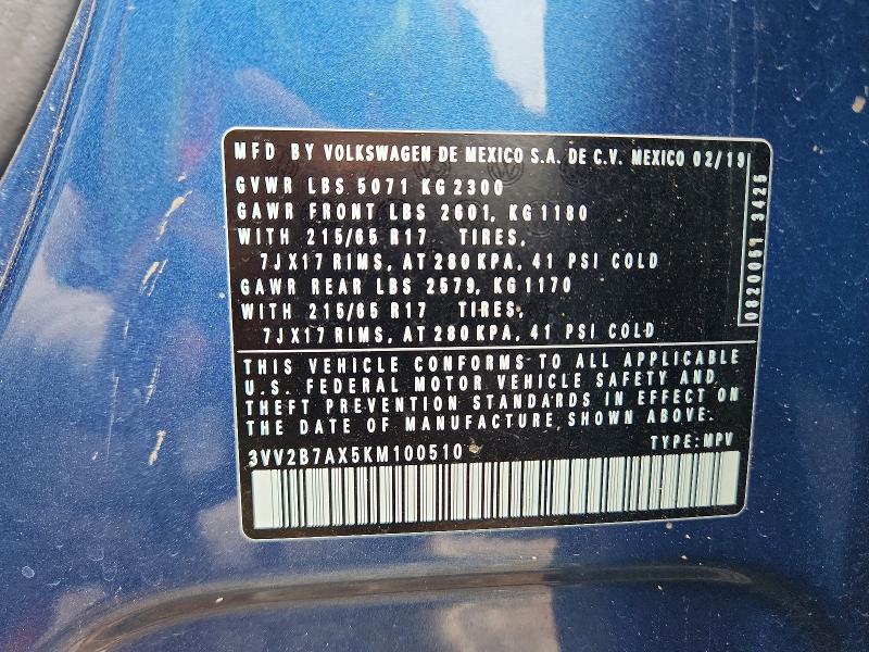 2019 Volkswagen Tiguan მანქანა იყიდება აუქციონზე, vin: 3VV2B7AX5KM100510, აუქციონის ნომერი: 55687666