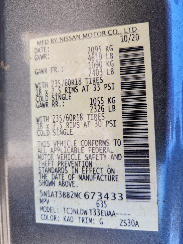 56818936 :رقم المزاد ، 5N1AT3BB2MC673433 vin ، 2021 Nissan Rogue مزاد بيع