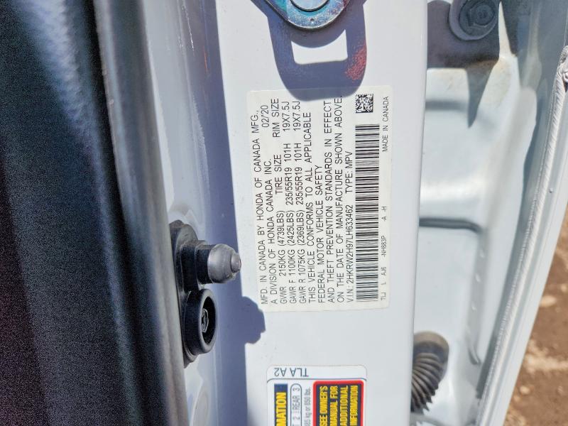 2020 Honda Cr-v მანქანა იყიდება აუქციონზე, vin: 2HKRW2H97LH633462, აუქციონის ნომერი: 57959686