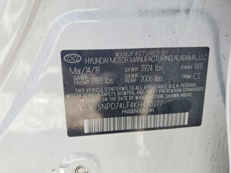 57621026 :رقم المزاد ، 5NPD74LF4KH480277 vin ، 2019 Hyundai Elantra مزاد بيع