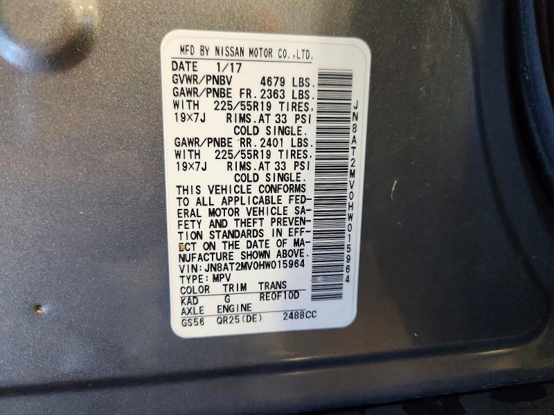 56144246 :رقم المزاد ، JN8AT2MV0HW015964 vin ، 2017 Nissan Rogue مزاد بيع