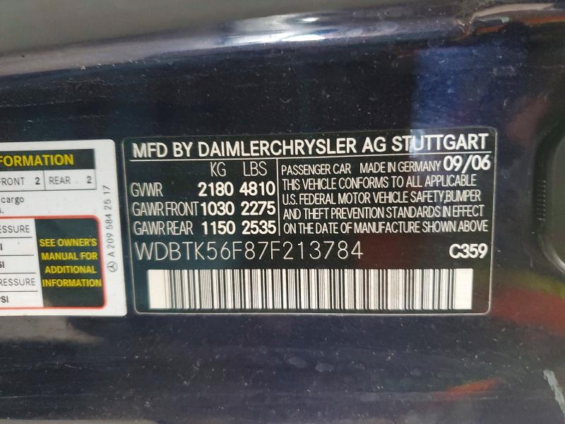 Aukcja sprzedaży 2007 Mercedes-benz Clk, vin: WDBTK56F87F213784, numer aukcji: 58727996