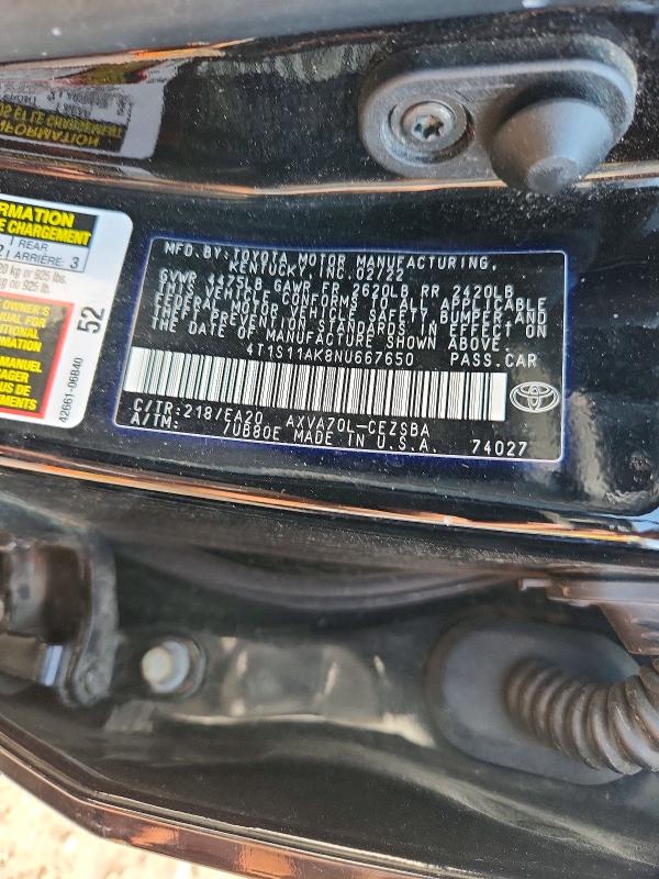 2022 Toyota Camry მანქანა იყიდება აუქციონზე, vin: 4T1S11AK8NU667650, აუქციონის ნომერი: 59197246
