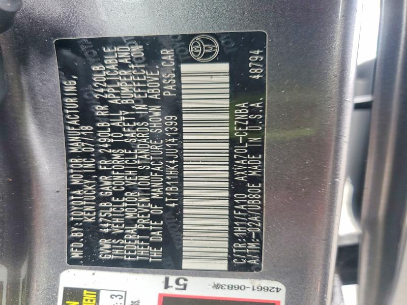 Aukcja sprzedaży 2018 Toyota Camry, vin: 4T1B11HK4JU141399, numer aukcji: 55937876